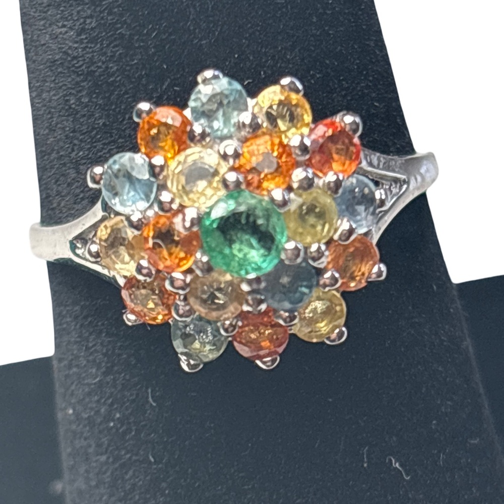 Multicolor Gemstone Cluster Ring Sapphire & Tourmaline 925 sterling silver 7
